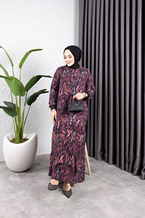 Kadın Astarlı Yaprak Desenli Şifon Elbise