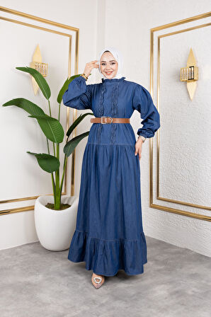 Fırfır Detaylı Kemerli Kot Elbise Koyu Mavi 