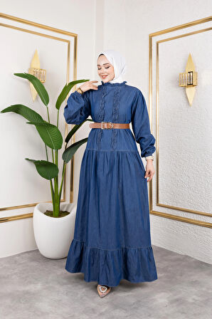 Fırfır Detaylı Kemerli Kot Elbise Koyu Mavi 