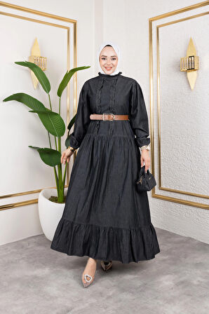 Fırfır Detaylı Kemerli Kot Elbise Siyah