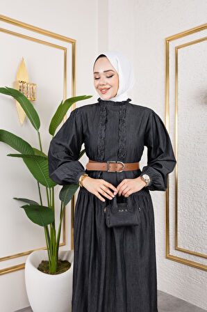 Fırfır Detaylı Kemerli Kot Elbise Siyah