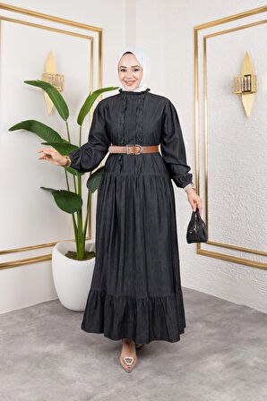 Fırfır Detaylı Kemerli Kot Elbise Siyah