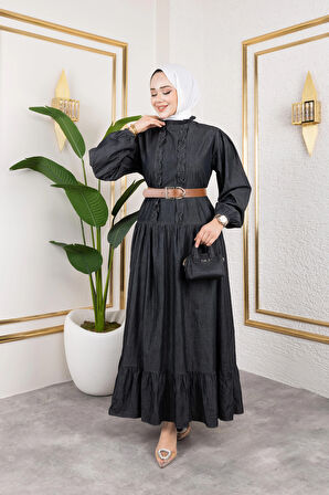 Fırfır Detaylı Kemerli Kot Elbise Siyah