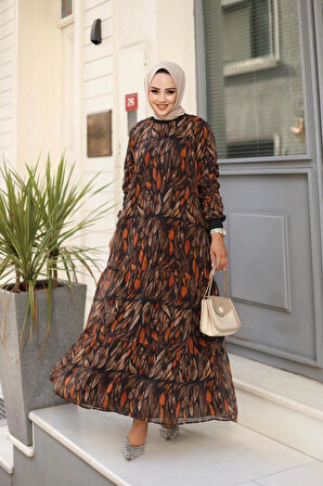 Kadın Yaprak Desenli Şifon Elbise