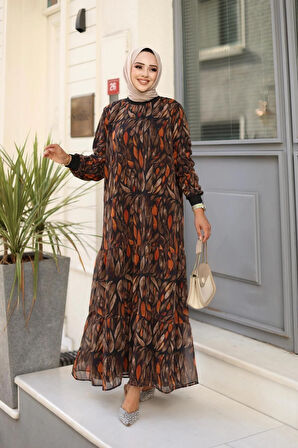 Kadın Yaprak Desenli Şifon Elbise