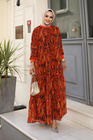 Kadın Yaprak Desenli Şifon Elbise