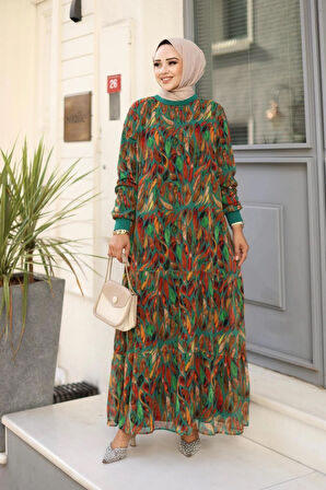 Kadın Yaprak Desenli Şifon Elbise