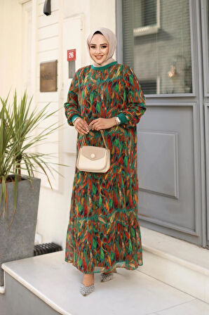 Kadın Yaprak Desenli Şifon Elbise