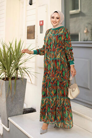 Kadın Yaprak Desenli Şifon Elbise