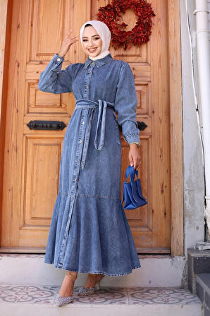 Kadın Kuşaklı Düğmeli Kot Elbise