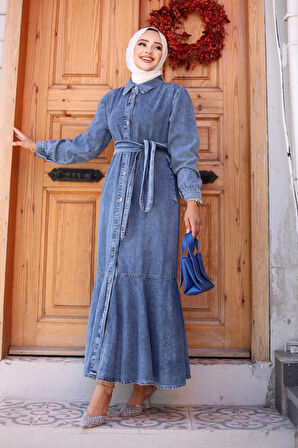 Kadın Kuşaklı Düğmeli Kot Elbise