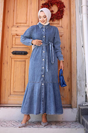 Kadın Kuşaklı Düğmeli Kot Elbise