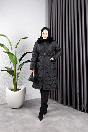 Kadın Cepli Yakası Kürklü Kapitone Mont