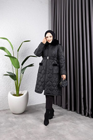 Kadın Cepli Yakası Kürklü Kapitone Mont