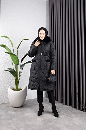 Kadın Cepli Yakası Kürklü Kapitone Mont