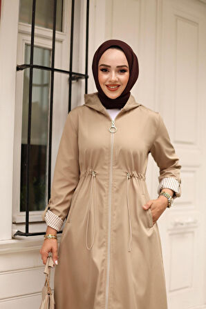 Kadın Kapüşonlu Fermuarlı Bondit Kap