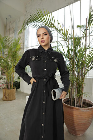 Kadın Boncuk İşlemeli Düğmeli Kot Elbise