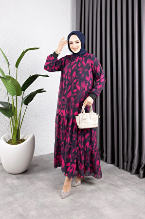 Kadın Astarlı Yaprak Desenli Şifon Elbise