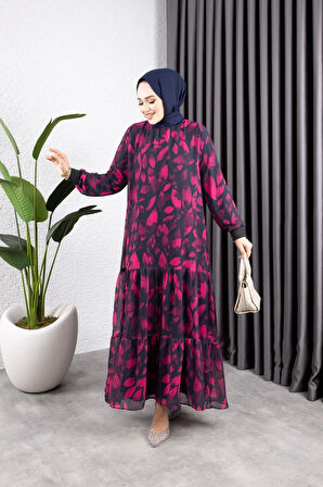 Kadın Astarlı Yaprak Desenli Şifon Elbise