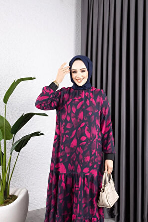 Kadın Astarlı Yaprak Desenli Şifon Elbise