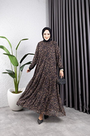 Kadın Astarlı Zebra Desenli Şifon Elbise
