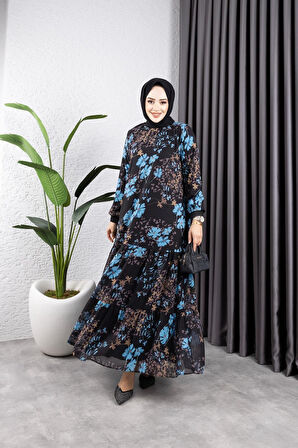 Kadın Astarlı Çiçek Desenli Şifon Elbise