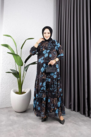 Kadın Astarlı Çiçek Desenli Şifon Elbise