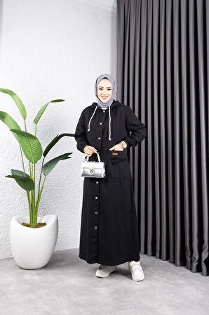 Kadın Düğmeli Kapüşonlu Cep Püsküllü Kop Kap