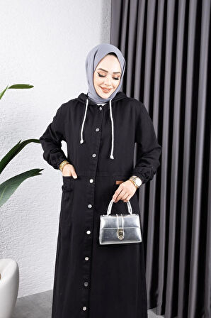 Kadın Düğmeli Kapüşonlu Cep Püsküllü Kop Kap