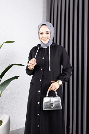 Kadın Düğmeli Kapüşonlu Cep Püsküllü Kop Kap