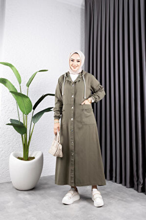 Kadın Düğmeli Kapüşonlu Cep Püsküllü Kot Kap