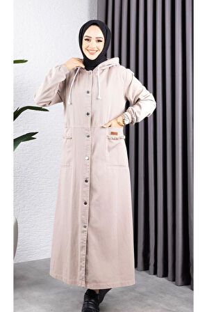 Kadın Düğmeli Kapüşonlu Cep Püsküllü Kot Kap