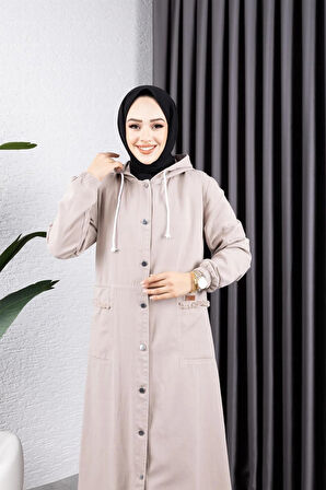 Kadın Düğmeli Kapüşonlu Cep Püsküllü Kot Kap