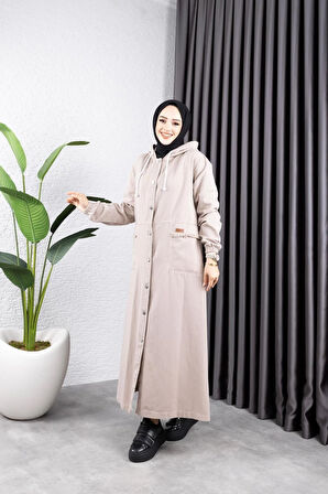 Kadın Düğmeli Kapüşonlu Cep Püsküllü Kot Kap