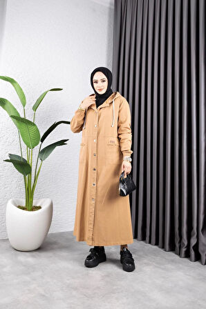 Kadın Düğmeli Kapüşonlu Cep Püsküllü Kot Kap