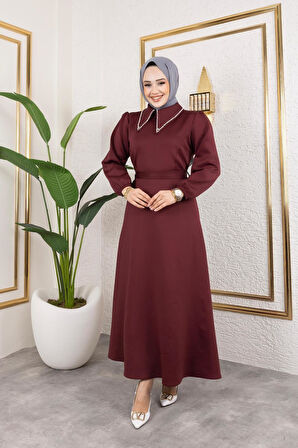 Kadın Kuşaklı Yakası İncili Scuba Kumaş Tesettür Elbise