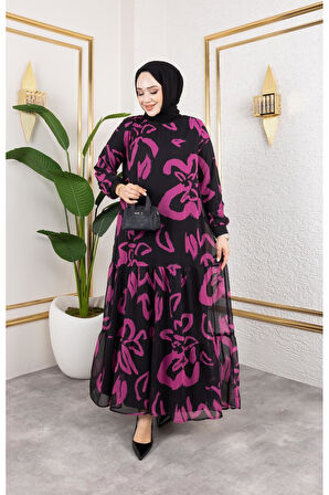 Kadın Astarlı Şifon Desenli Elbise