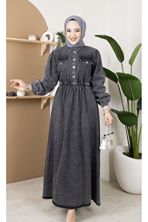 Kadın Kapak Cep Detaylı Beli Lastikli Kot Elbise