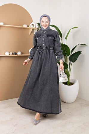 Kadın Kapak Cep Detaylı Beli Lastikli Kot Elbise