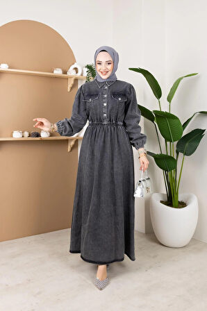 Kadın Kapak Cep Detaylı Beli Lastikli Kot Elbise