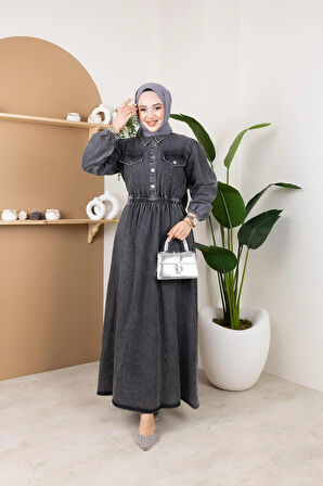 Kadın Kapak Cep Detaylı Beli Lastikli Kot Elbise