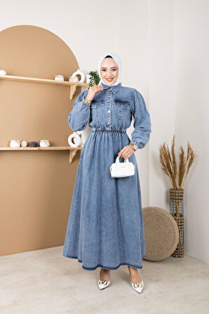 Kadın Kapak Cep Detaylı Beli Lastikli Kot Elbise