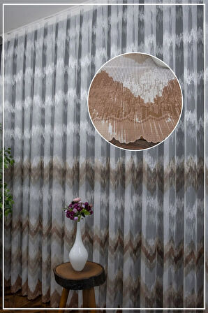 Harmony Zikzak Desen Bej Vizon Kahve Renkli Tasarım 1/3Kat Pileli Tül Perde