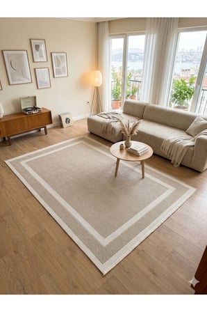 Modern Bej Çerçeveli Sisal Dokulu Salon ve Oturma Odası Halısı
