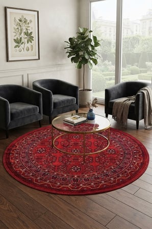 1002 Miras Model Bordo Yuvarlak Klasik Etnik Desenli Makine Halısı