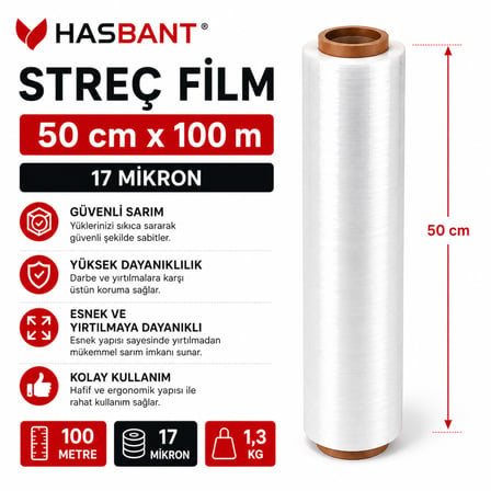 Has Bant Streç Film Şeffaf 50 Cmx100M - 17 Mikron - 1,3 Kg - Taşınma Ve Paketleme İçin