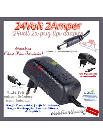 24V 2A Adaptör - 24 Volt 2 Amper Adaptör -24V 2A Adaptör 5.5x2.5 mm Jak Fişli Plastik Kasa Adaptör