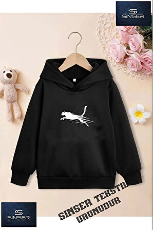 Kız/Erkek Çocuk Beyaz Kapüşonlu ''JAGUAR CIZGILI'' Baskılı Sweatshirt
