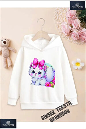 Kız/Erkek Çocuk Beyaz Kapüşonlu ''KEDİCİK SEVIML KRDLL'' Baskılı Sweatshirt