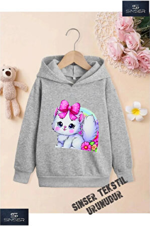 Kız/Erkek Çocuk Beyaz Kapüşonlu ''KEDİCİK SEVIML KRDLL'' Baskılı Sweatshirt